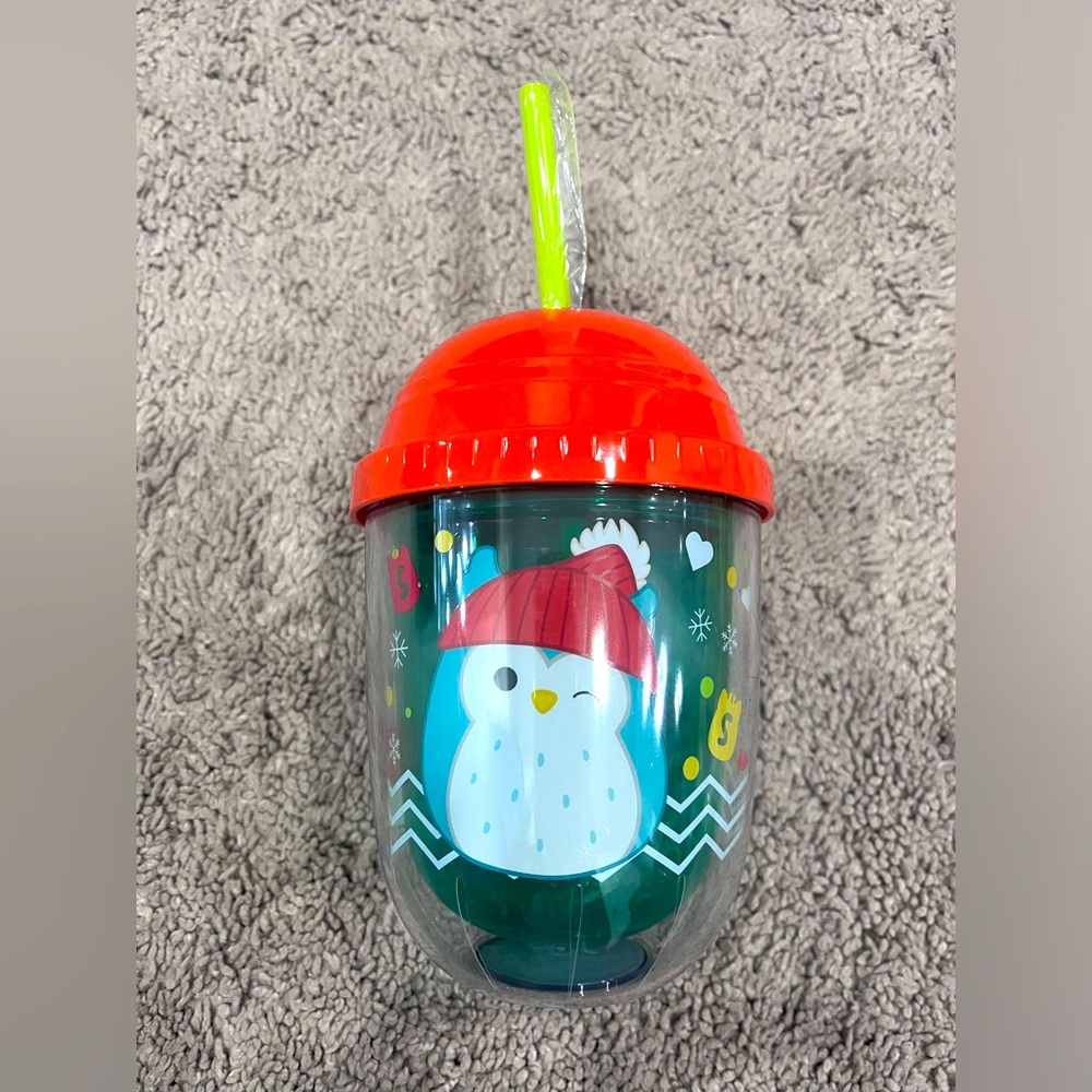 Squishmallow holiday themed reusable cup with straw